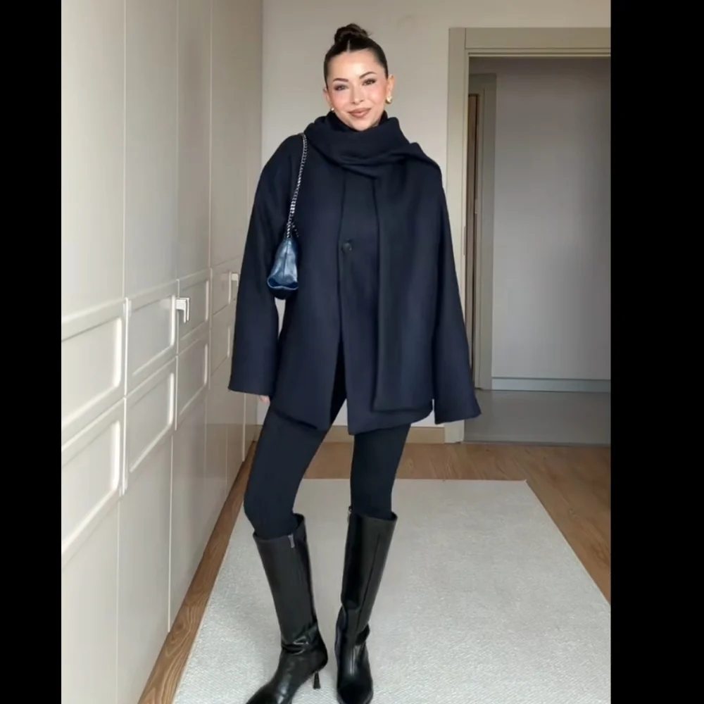 ZARA WOOL BLEND SHORT COAT WITH SCARF Navy Size XL